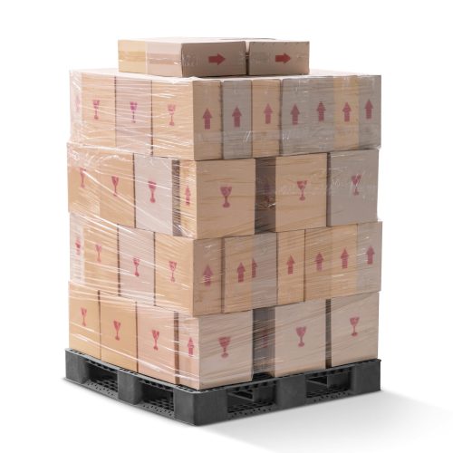 Brown,Corrugated,Paperboard,Boxes,Wraping,And,Stack,On,Black,Plastic
