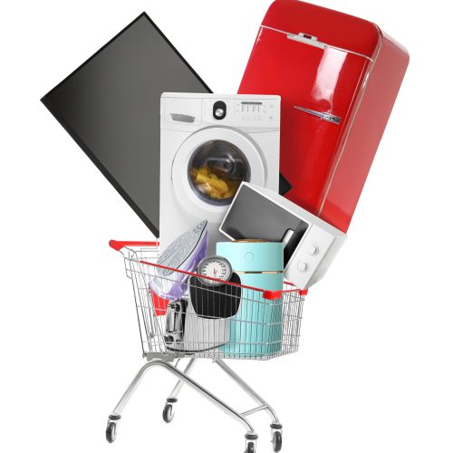 Shopping,Cart,With,Many,Household,Appliances,On,White,Background